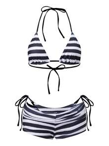 Conjunto de bikini para mujer, sujetador y braguita a rayas con shorts, traje de baño de verano de 3 piezas. - Negro - Ver 7