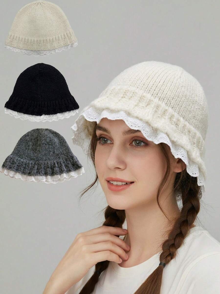 1pc European & American Style Lace Knitted Hat For Women, Small Face Flattering Knitted Beanie, Large Circumference Bucket Hat - Multicolor - View 1