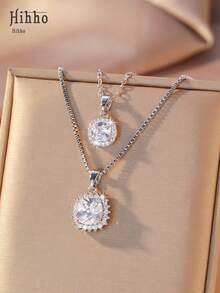 Hihho 2pcs Stainless Steel Chain & Copper Micro-Inlaid Necklace Set. Luxury Geometric Square Full Bright Personalized Party Earrings & Necklace Jewelry Gift - Necklace Set - View 5