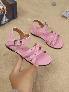 儿童时尚户外凉鞋，夏季方头平底鞋，一体式凉鞋，新款时尚优雅简约设计，高品质儿童春夏鞋履 - 粉色 - 查看 3