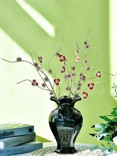 1pc Red Rhinestone Simulation Flower Elegant Artificial Plant Plum Blossom Bouquet Vase Filling Suitable For Wedding Decoration, Garden Party, Party, Home, Room, Restaurant, Festival Decoration