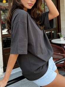 柔软宽松圆领T恤，休闲胶囊衣橱日常宽松T恤，机场秋冬返校季必备 - 深灰色 - 查看 3