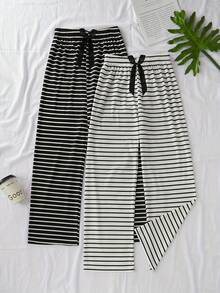 2条装女士薄款春夏条纹蝴蝶结长裤，宽松、简约、经典、休闲，适合居家或外出穿着。 - 黑與白 - 查看 1