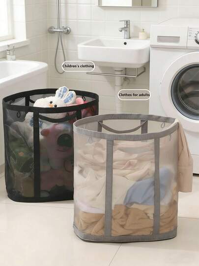 1 pieza/2 piezas Cesta de almacenamiento plegable de malla de nailon, cesto de ropa de gran capacidad - Organizador multiusos transparente, adecuado para baño, dormitorio y lavandería - Puede contener ropa de adulto, juguetes, ropa de cama, pantalones, ropa interior, calcetines, accesorios de baño, decoración de habitaciones, suministros de lavandería.