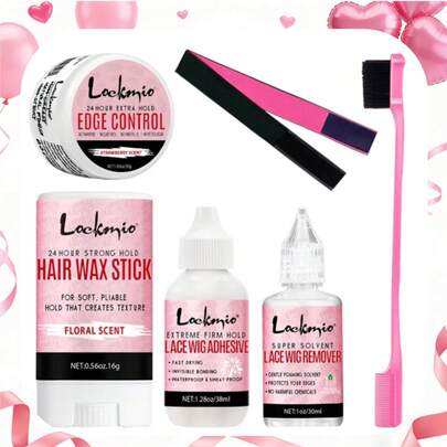 LOCKMIO 六件套蕾丝假发胶水套装，包含：38毫升旅行装蕾丝前假发胶水、30毫升假发胶带卸除剂、30克强力定型啫喱、16克防毛躁定型蜡、双面造型梳（适用于所有碎发）、蕾丝融合胶带和弹性发圈