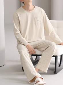 AICJ 男士休闲宽松睡衣套装（两件套），圆领长袖套头衫带口袋，不规则印花休闲裤，针织面料，适合春、秋、冬三季居家、聚会、旅行穿着。 - 米色 - 查看 6