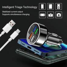 1pc Black 4-Usb Port With 2-Type-C Car Charger Adapter Featuring Led Display Of Voltage And Current - A - View 4