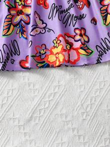 Disney Authorized Cute Minnie Mouse Young Girls 2-Piece Set - Round Neck Short Sleeve Top And Long Pants, Minnie Mouse Pattern, Casual Summer T-Shirt, Playful & Fashionable, Breathable Fabric, 2-Piece Outfit, Children Shorts Set, Young GirlClothing - Purple - View 6