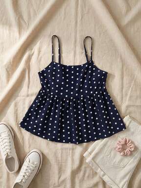 Navy Blue Polka Dot Short Coverup, With Adjustable Spaghetti Straps And Flared Hem, Polka Dot Kaftan Top, Kaftan Style Top, Polka Dot Cover Up, Cute Summer Top (YY1147)