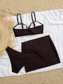 Asymmetrical Short Skirt Bikini Set With A Sexy Strapless Design - Brown - View 3