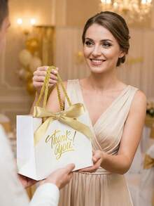 10个/20个白色“谢谢”礼品袋，金色文字“谢谢”礼品袋，带提手，含蝴蝶结提手和白色袋子，尺寸约为5.5 x 2.36 x 4.7英寸（约14 x 6 x 12厘米），迷你礼品纸袋，适用于洗礼、生日、婚礼、派对、情人节礼盒、感谢礼品等场合。 - 彩色 - 查看 7