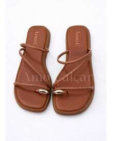 Women's Flatform Sandal With ABS Detail On The Little Toe, Elegant Women's Flat Summer - 鏽棕色 - 查看 4