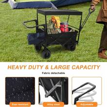 Carrito Plegable Portátil y Carriola para Exteriores hasta 70 Kg, Ruedas 360° Todo Terreno con Freno, Incluye Toldo y Cesta de Tela, para Niños y Mascotas, Carretilla Wagon Vagón con Funda - Negro - Ver 5