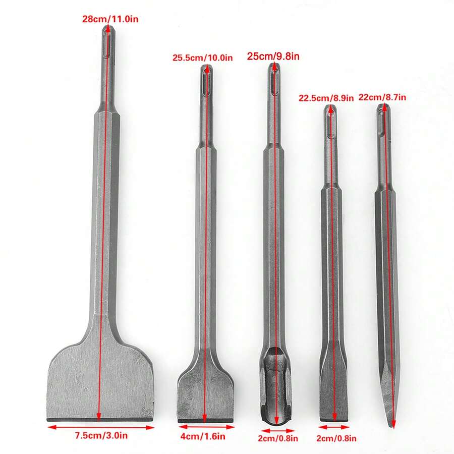 5pcs SDS Plus Chisel Set Different Types Carbide Tip For Electric Rotary Hammer Concrete Masonry - Silver - View 1