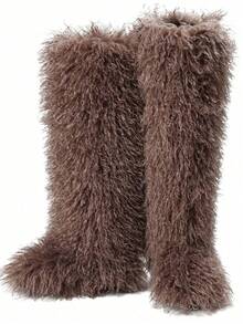Women's Winter Knee High Boots Pull-On Faux Fur Round Toe Strap Boots For Women Comfy Plush Warm Outdoor Indoor Flat Shoes Punk Party Dressy Furry Fluffy Winter Autumn Fall Boots - 長款棕色 - 查看 7