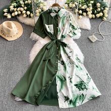 Vintage Waist Cinching Short Sleeve Dress Women Mid Length A Line Shirt Style Skirt,New Year Outfit Women,Valentine Dresses,Valentine's Day Outfit Women - màu xanh lá - Xem 3