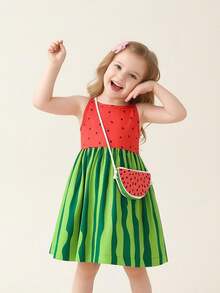 Young Girl Summer Watermelon Print Spaghetti Strap Dress With Shoulder Bag - Green - View 8