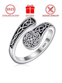 1pc S925 Sterling Silver Vintage Celtic Knot Open Ring, Unique Distressed Floral Pattern, Hollow Totem Design, Quality Silver Jewelry For Daily Wear, Personalized Outings, Gifts For Girlfriends Or Friends, Comes With Gift Box - Antique Silver - View 2