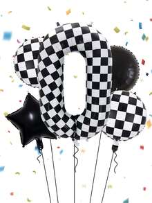 5pcs 40-Inch Black & White Plaid Pattern 0-9 Number Balloons, 18-Inch Black Round Heart Foil Balloons And Black & White Plaid Round Foil Balloons, Suitable For Racing Theme Birthday Party, Anniversary Indoor & Outdoor Decoration - Multicolor - View 3