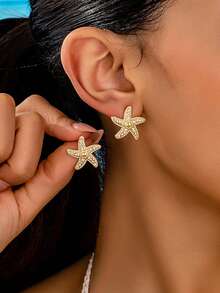 1对时尚优雅的极简主义海星耳钉（女士款） - 海星 - 查看 3