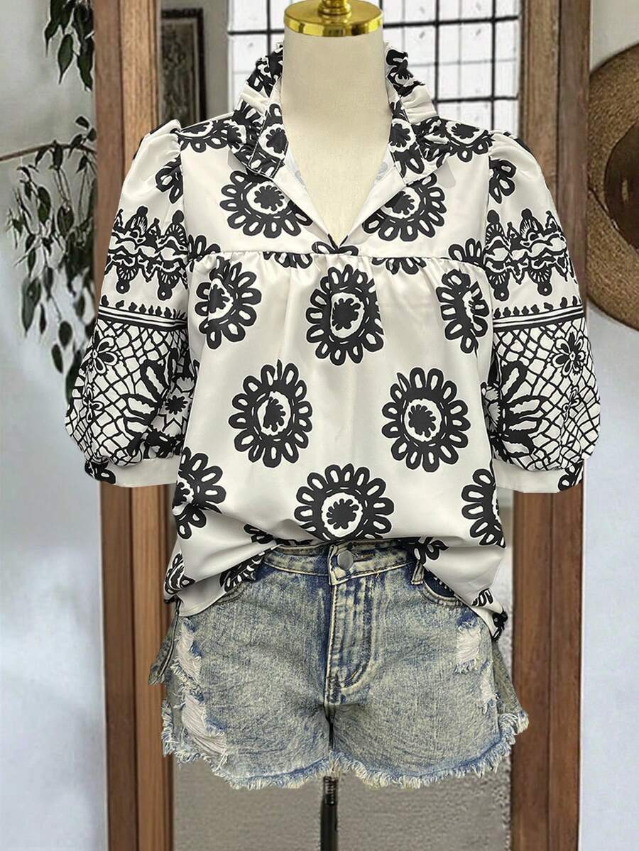Women's Loose Fit Sunflower Print Petal Sleeve Blouse, Spring/Summer Vacation - Black and White - View 1
