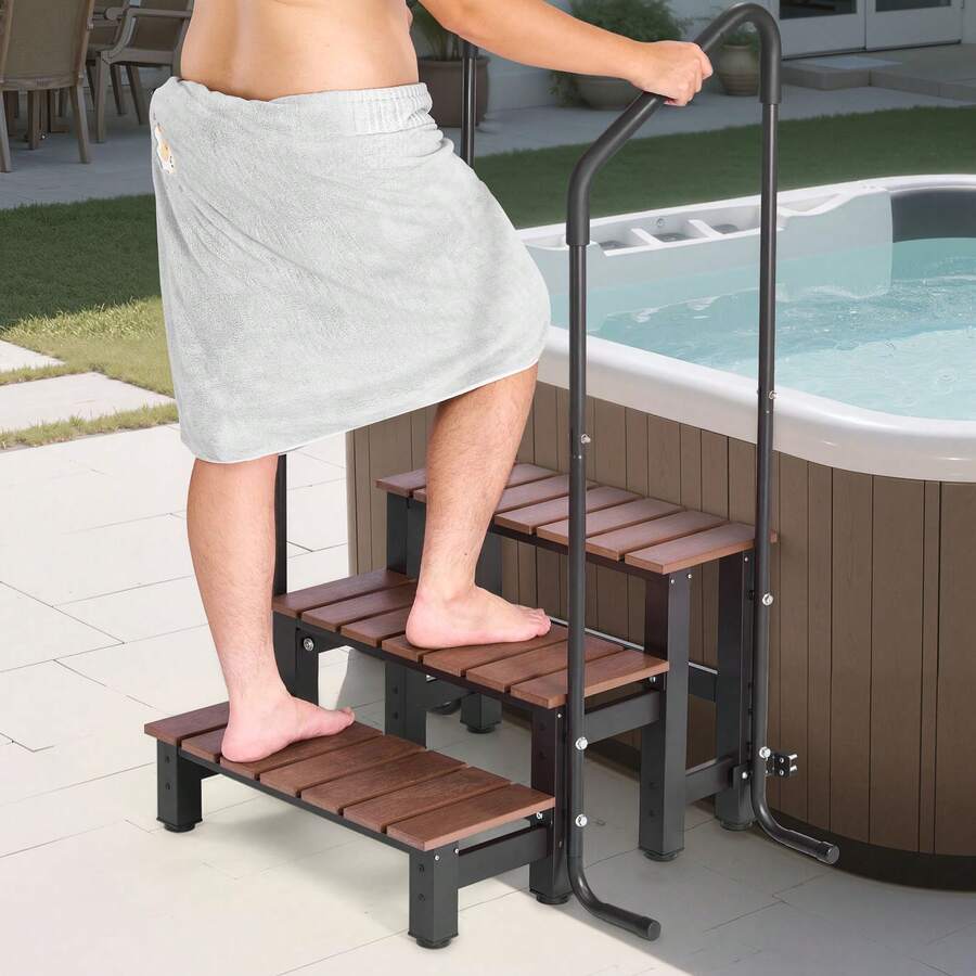 Hot Tub Steps With Handrail, 3-Step Spa Outdoor Stairs, Heavy Duty 25.2 Inch Wide Above-Ground/Inflatable Pool Ladder With 550 Lbs Weight Capacity, Multi-Use For Porch, Patio, Deck, Trailers - 25.2inch 550lbs - 查看 1