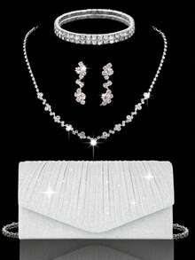 奢华新款女士褶皱晚宴手拿包，闪亮新娘婚礼包，4件套水钻晚宴套装，闪亮项链、耳环和手镯套装，亮片褶皱派对手拿包，V形翻盖信封包，完美适用于派对、婚礼、舞会、晚宴/宴会、新娘装、正式服装、舞会礼服和生日礼服。 - 銀色 - 查看 11