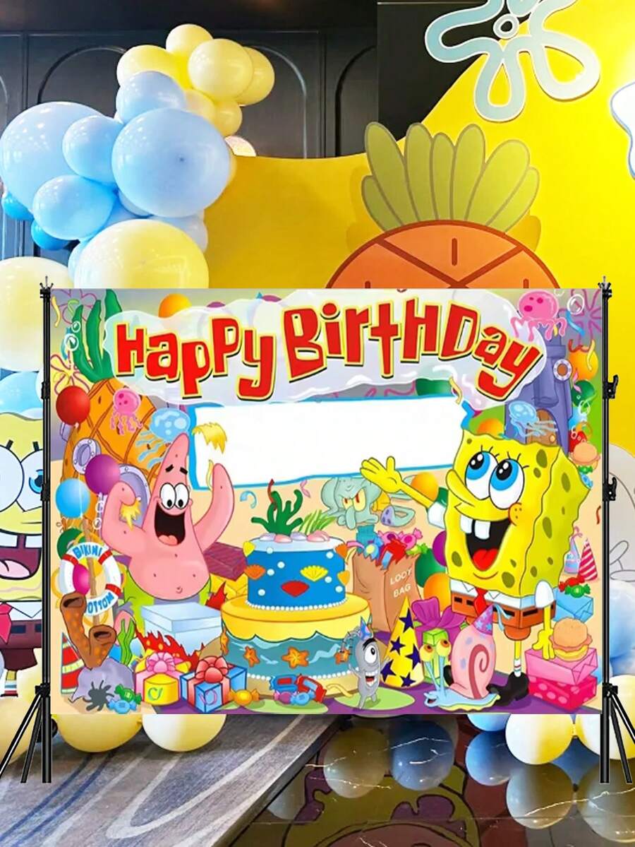 SpongeBob SquarePants Theme Party Backdrop, Cross-Border Birthday Happy Decoration Banner Supplies, Cartoon Fish Brother Hanging Cloth, Dorm Bedroom Wall Decor Creative Background Cloth, Cute - Multicolor - View 1