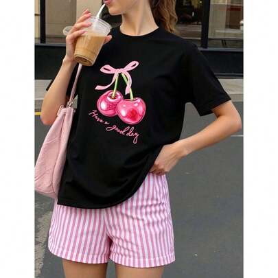 1 pcsBlusa oversize mujer estampado cerezas rosadas - manga corta verano - algodón ligero cómoda outfits casual vacaciones180g 100% Cotton