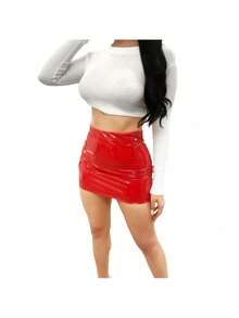 Women's Mini Leather Skirts Sexy Bright Skinny Bodycon Short Skirt Party Clubwear Night Out Skirt - 紅色 - 查看 2