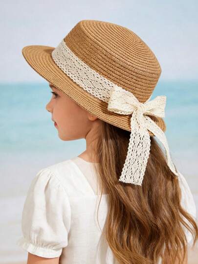 1顶女童3-6岁防晒平沿蝴蝶结系带草帽，适合户外沙滩佩戴