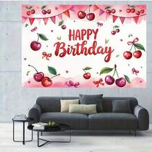 1pc Cherry Theme Pink Birthday Party Banner, Cherry & Ribbon Design, Suitable For Family Events, Weddings, Christenings And Festivals, Indoor/Outdoor Use, Party Decor, Birthday Party Decorations - Multicolor - View 4