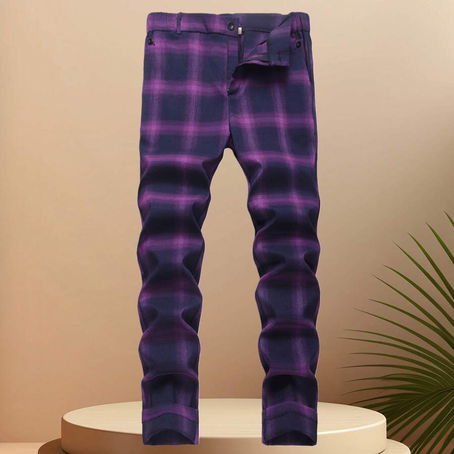 JUNBAOSS Men's Slim Fit Stretch Dress Pants Plaid Skinny Pants For Men, Straight Leg Fashion Comfort Flex Waist Pants, Mens Casual Business Golf Dress Chinos Pants - 紫色 - 查看 1