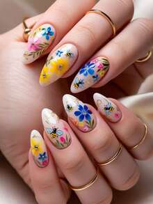 24片杏仁形美甲贴片，春夏蓝色花朵蜜蜂图案，美甲用品，适合日常佩戴 - 彩色 - 查看 1