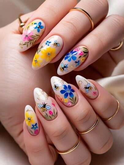 24 st press-on naglar mandel vår och sommar blå blommor bin, nagelkonst perfekt för vardagsbruk