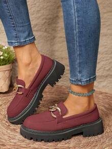 Women's British Style Chain Thick Bottom Loafers, Slip-On Slouchy Shoes, Outdoor Casual Student Shoes - Red - View 5