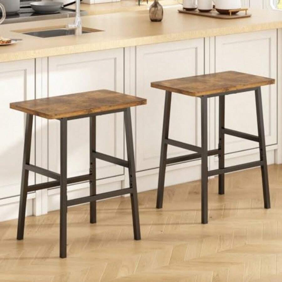 CYUzelia Juego de 2 Bancos para Barra de Cocina Taburetes para Barra Sillas para Barra de Cafe en Sala de Estar Industrial 65 CM de Altura Taburete Alto para Barra Comedor Marrón Rústico y - como en la foto - Ver 1
