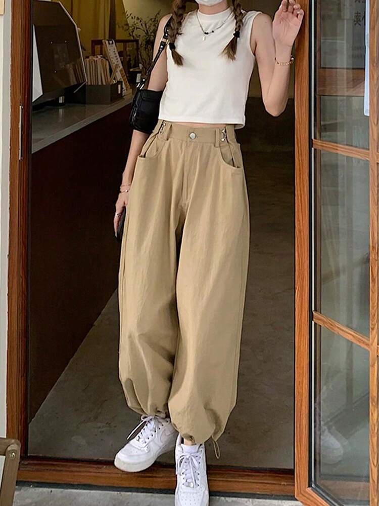 Quần ống rộng cạp cao kiểu dáng thường ngày dành cho nữ, mùa thu - Màu Khaki - Xem 4
