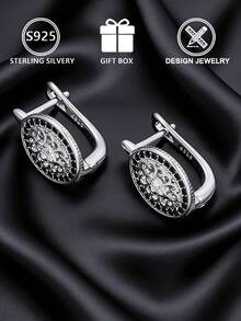 1 đôi bông tai nữ bằng bạc Sterling S925, họa tiết hoa cổ điển, đính toàn bộ kim cương đen hình bầu dục, hộp quà tặng, thích hợp làm quà sinh nhật cho bạn gái/bạn thân, phong cách retro sang trọng, trang sức đeo hàng ngày/hẹn hò. - Bạc - Xem 4