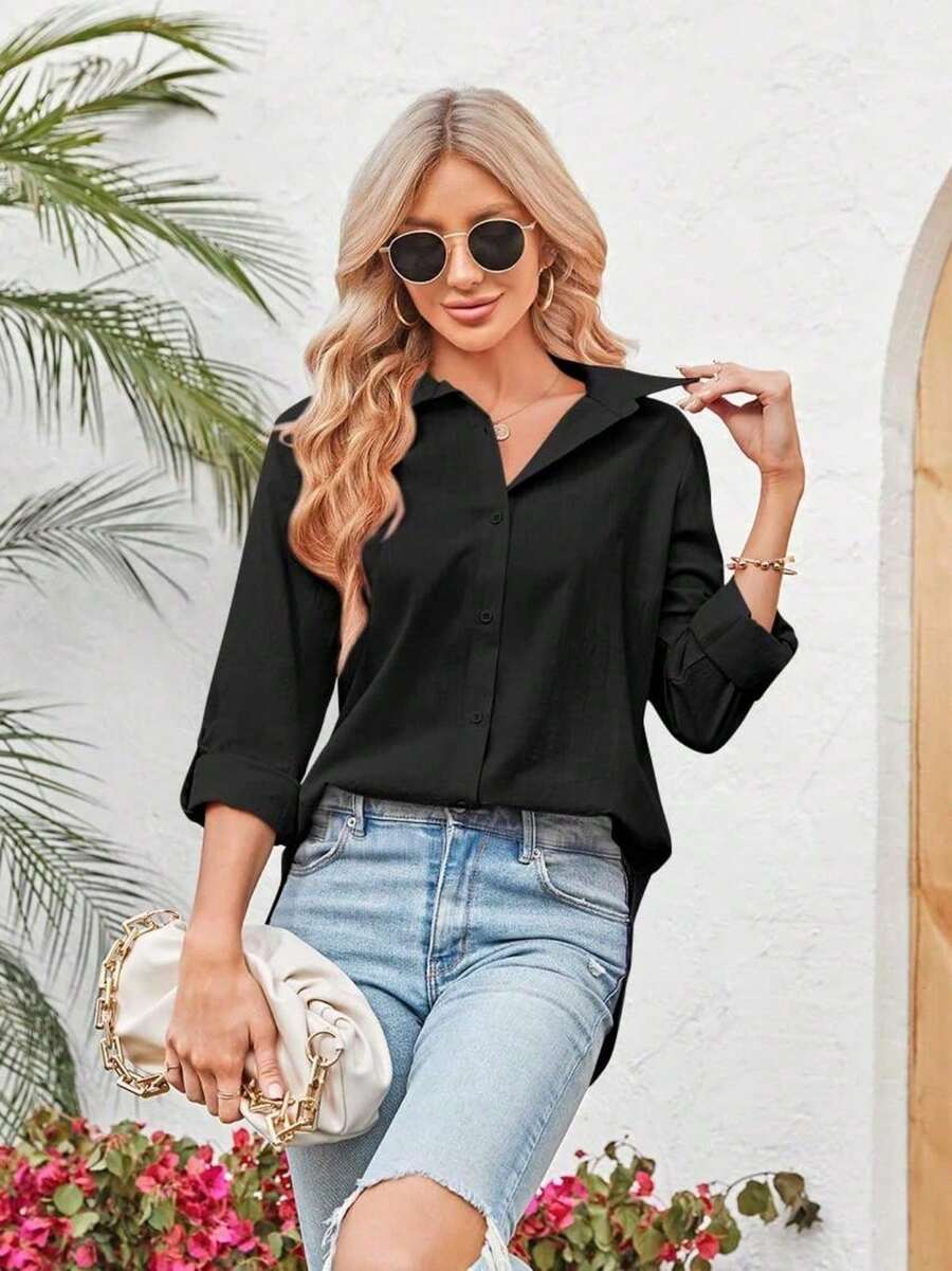 Women V Neck Cotton Linen Button Down Long Sleeve Shirt - Black - View 1