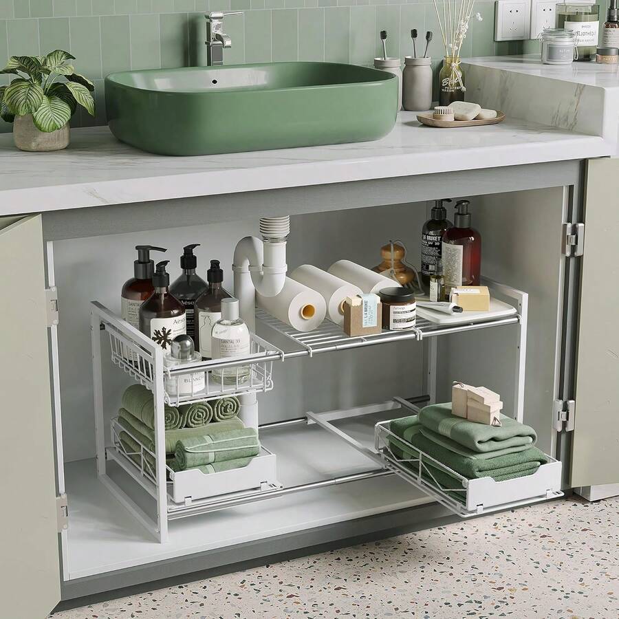 Organizador Bajo Fregadero, Estante de Cocina Expandible de 2 Niveles con 2 Cestaíble, Adecuado para cocinas baños, etc.Anchura 78.5-88 Ajustable, Blanco - 2Niveles(2 cestas extraíbles) Blanco - Ver 1