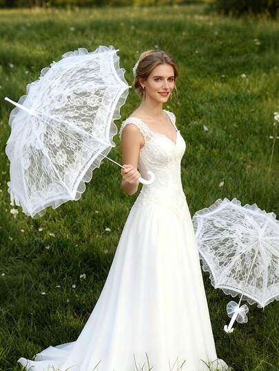 1 pieza Parasol de encaje blanco, Paraguas de fotografía de boda, Paraguas nupcial, Paraguas decorativo, Decoración para fiesta de té, Suministros para fiesta de bautizo y cumpleaños, Accesorio de boda vintage, Accesorio de fotografía floral para dama de honor, Accesorio de vestuario del siglo XVIII, Adecuado para estudio de fotografía, boda, fiesta, accesorio de regalo del Día de San Valentín