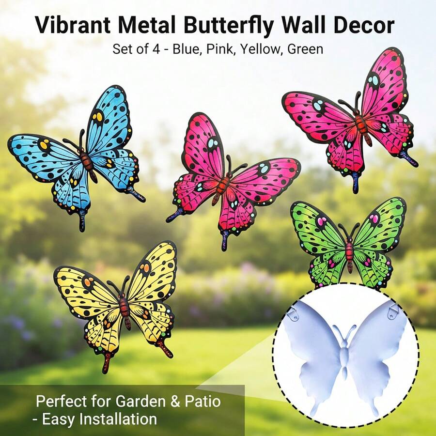 4 PEÇAS Decoração de Parede Externa Borboleta Metálica Vibrante, Escultura Externa Resistente à Ferrugem de 6.3 Polegadas com Ganchos Sem Ferramentas para Jardim, Pátio, Cerca e Varanda - Presente Perfeito para Inauguração, Dia das Mães, Família e Amigos - A - Visão 1
