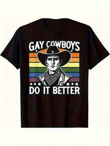 100% Cotton Gay Cowboys Do It Better Pride Graphic T-Shirt - Black - View 7