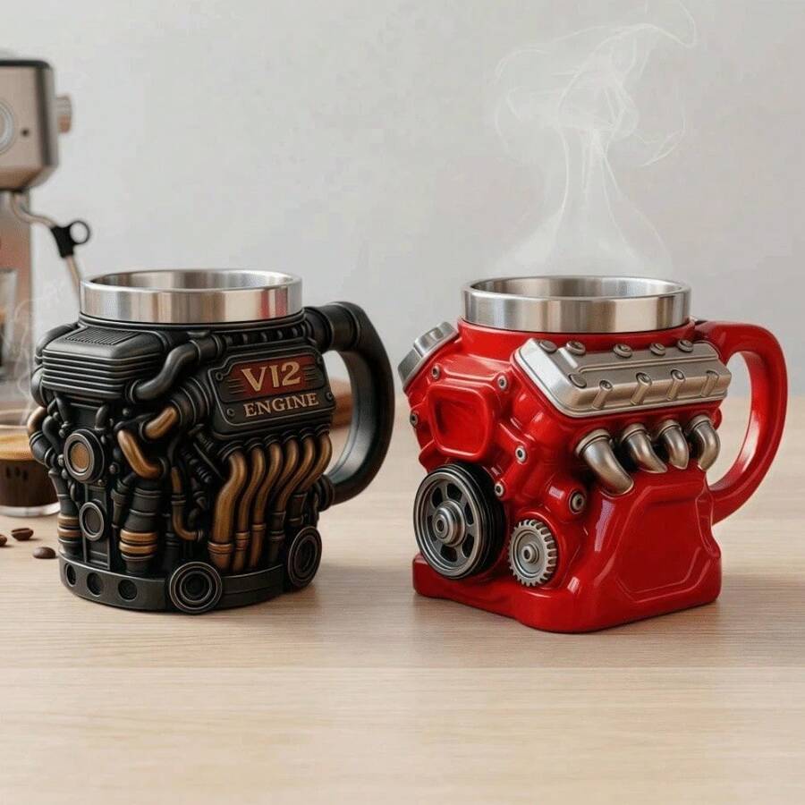 Retro Engine Coffee Mug, V8 Engines Stainless Steel Cup, Personalized Double Wall Insulation Car Mug With Handle Perfect For Father's Day, Christmas, Husband, Mechanic, Car Enthusiast(1pc) - Multicolor - View 1