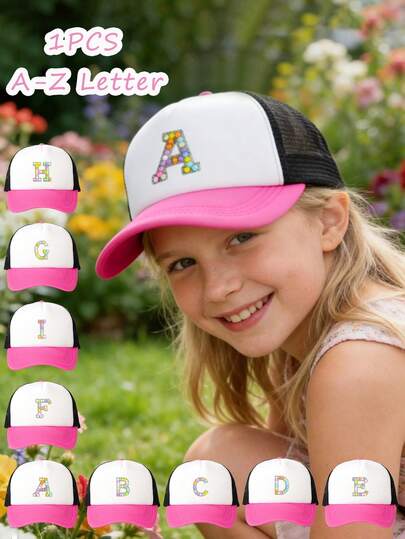 1顶可调节彩色串珠水钻26字母拼接网眼遮阳帽，适合男孩女孩，户外、旅行、海滩、春秋季佩戴