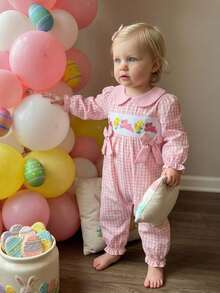 Pelele de Pascua para niña pequeña, cuello de muñeca, manga larga abullonada, con estampado de conejito, bordado floral, mono a cuadros - Rosa - Ver 6
