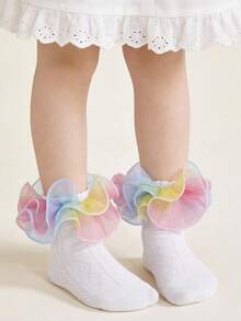 1 Pair Cotton Children's Lace Trim Short Socks, Fluffy Lace Mesh Girls' Lace Trim Socks, Cute Princess Dance Socks - White - View 4