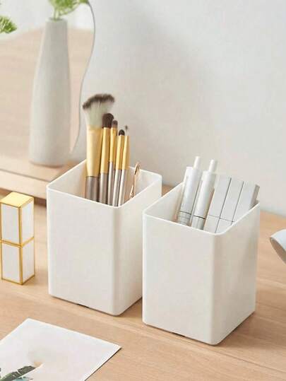 1pc/2pcs Solid Color Pen Holder, Student Desk Office Stationery Storage, Plastic Japanese Style Makeup Brush Organizer Pen Cup, Back To School Supplies