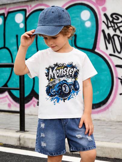 Bộ 2 món đồ cho bé trai, phong cách vintage thường ngày, in hình graffiti hoạt hình xe đạp leo núi và chữ cái, gồm áo thun trắng cổ tròn tay ngắn và quần short denim rách màu xanh nhạt, thích hợp cho mùa xuân/hè.